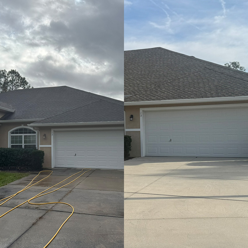 Before and after photos of a driveway and roof pressure washing job